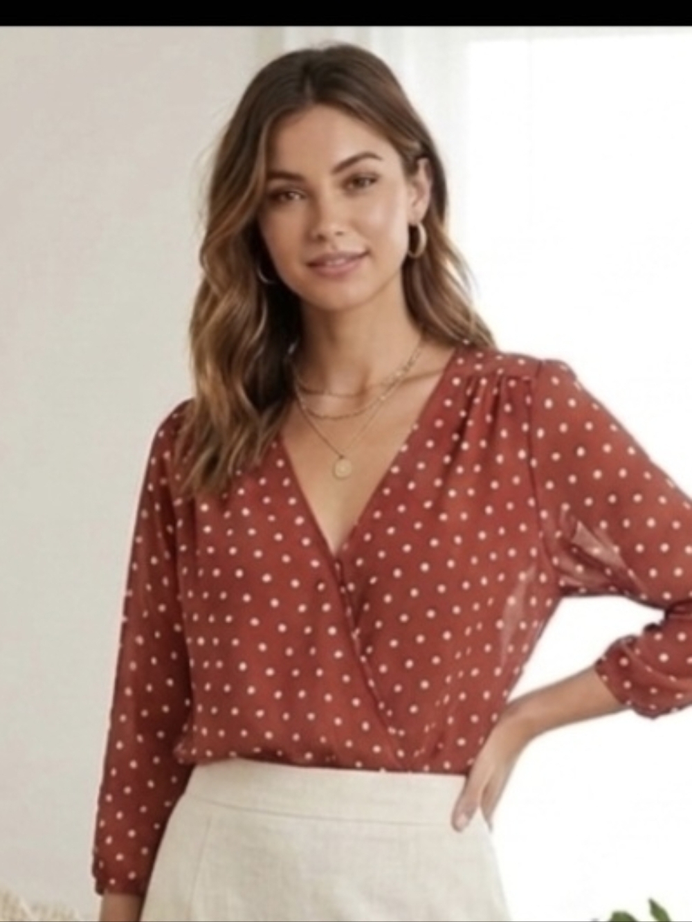 ASTR women Top Polka Dot Surplice Long Sleeve Bodysuit size XS